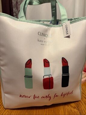 Clinique x Kate Spade White Tote with Mint Trim and Red Lipstick Graphic